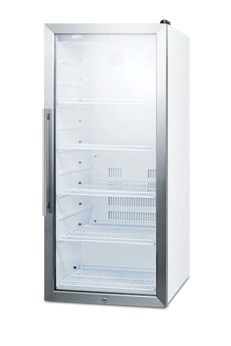 9 cu.ft. commercial glass door beverage merchandiser designed for the display and refrigeration of beverages and sealed food, with digital controls, LED lighting, full interior display, and a white cabinet